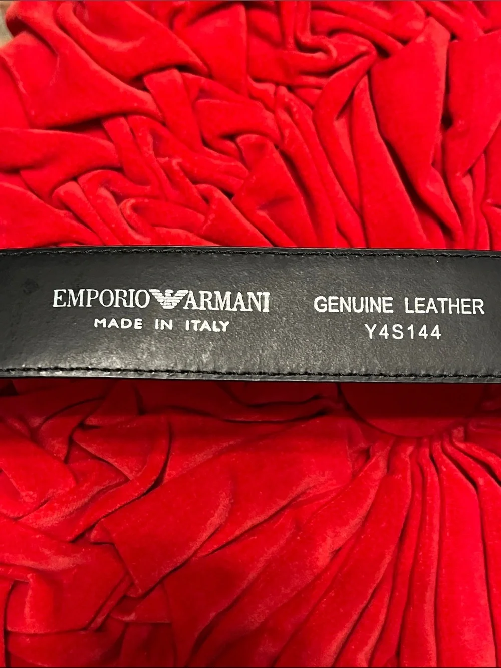 Emporio Armani Black Leather Belt with Glossy Logo Buckle